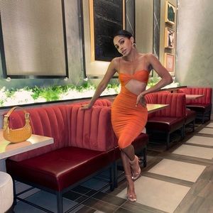 Burnt orange midi bodycon dress with ruching